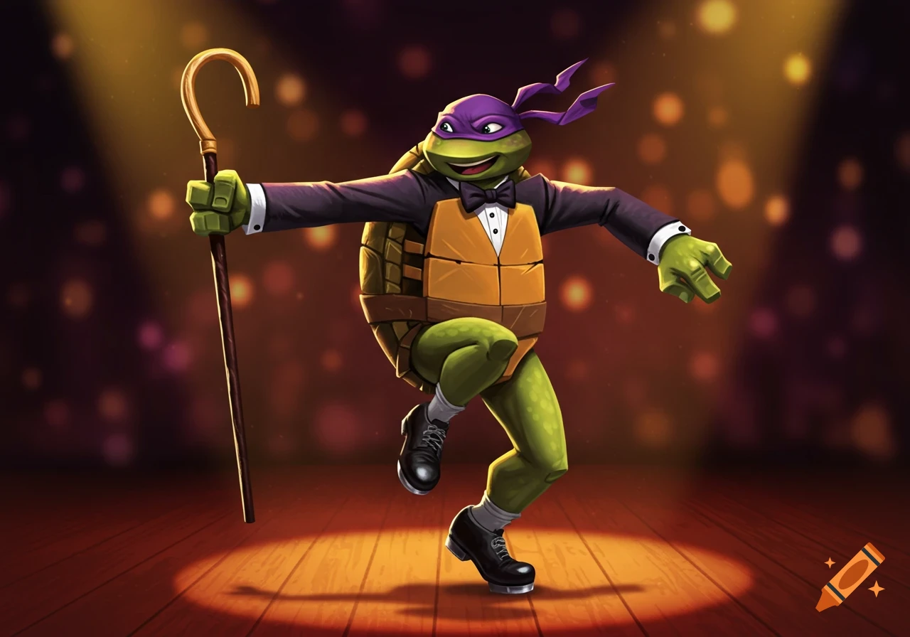 Donatello from TMNT tap dancing in a tuxedo and tap shoes, holding a cane on a spotlighted stage. Cartoon illustration.