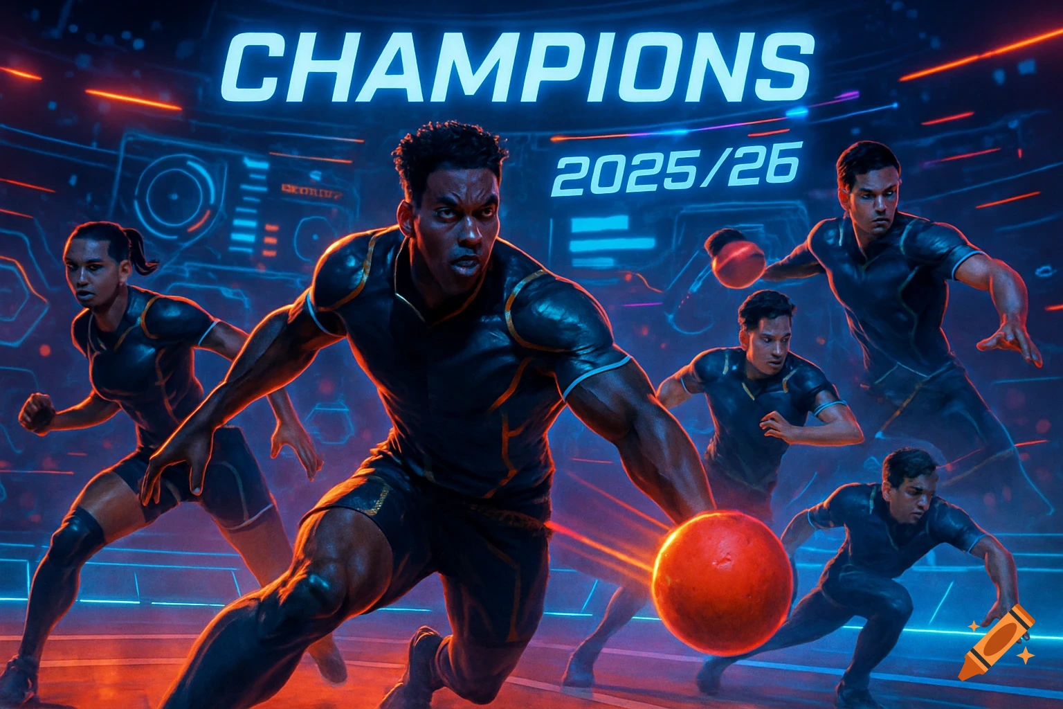 A group of athletes playing dodgeball in a futuristic arena with neon lights. Text reads "CHAMPIONS 2025/26".