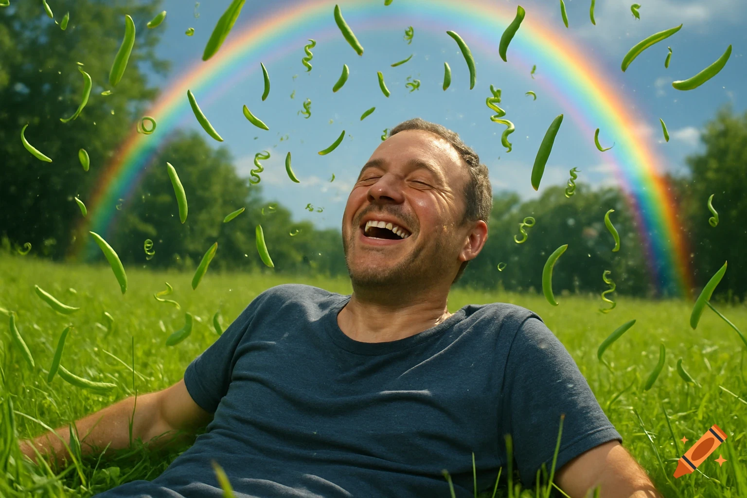 Photorealistic man laughing in a sunny grassy meadow as green beans rain from the sky, with a rainbow overhead.