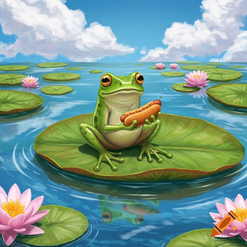 A cartoon green frog sits on a lily pad in a pond, holding a hot dog, with pink water lilies under a blue sky.