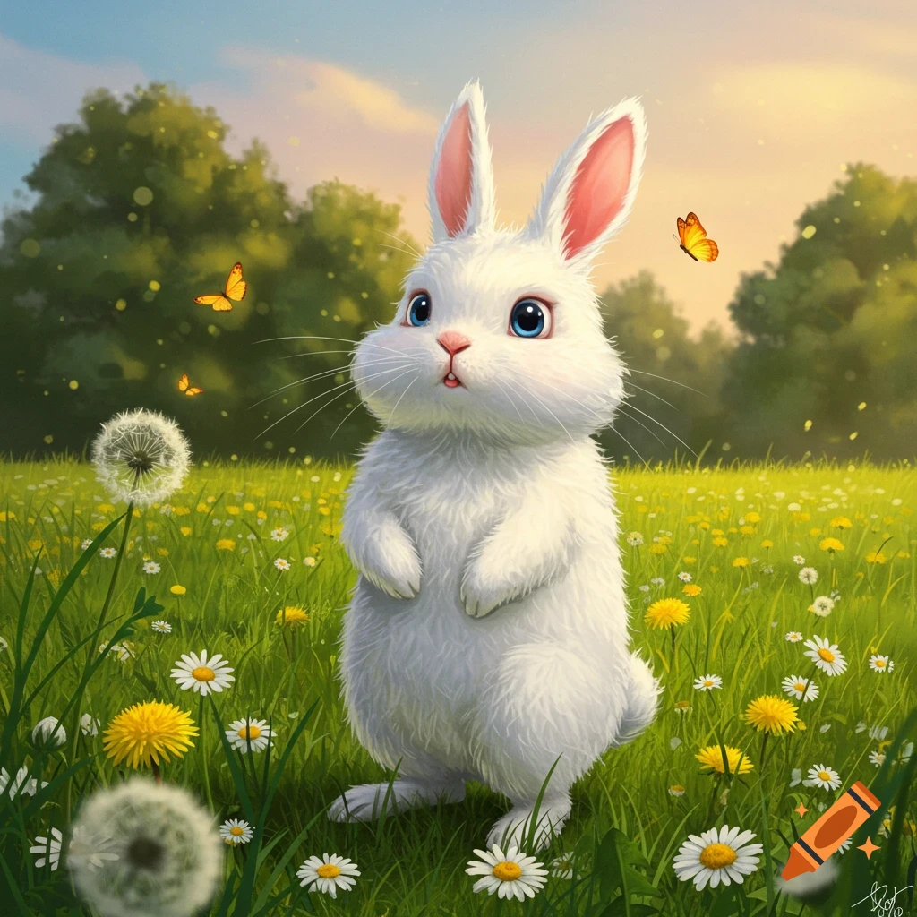 A cute, fluffy white cartoon bunny with blue eyes and pink ears stands in a vibrant green meadow with dandelions, daisies, and butterflies.