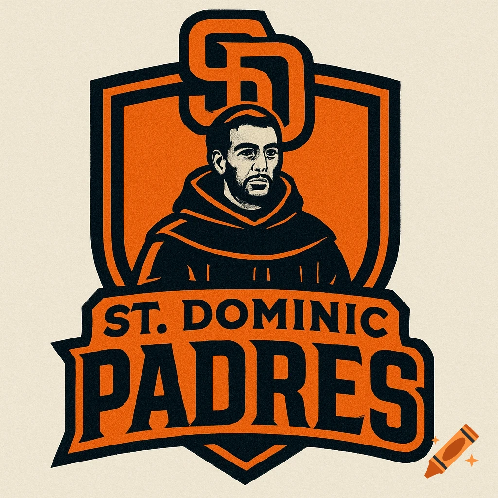 Orange and black sports team logo with a bearded padre in a cowl, stylized 'SD' above, 'ST. DOMINIC' below, and 'PADRES' at the bottom.