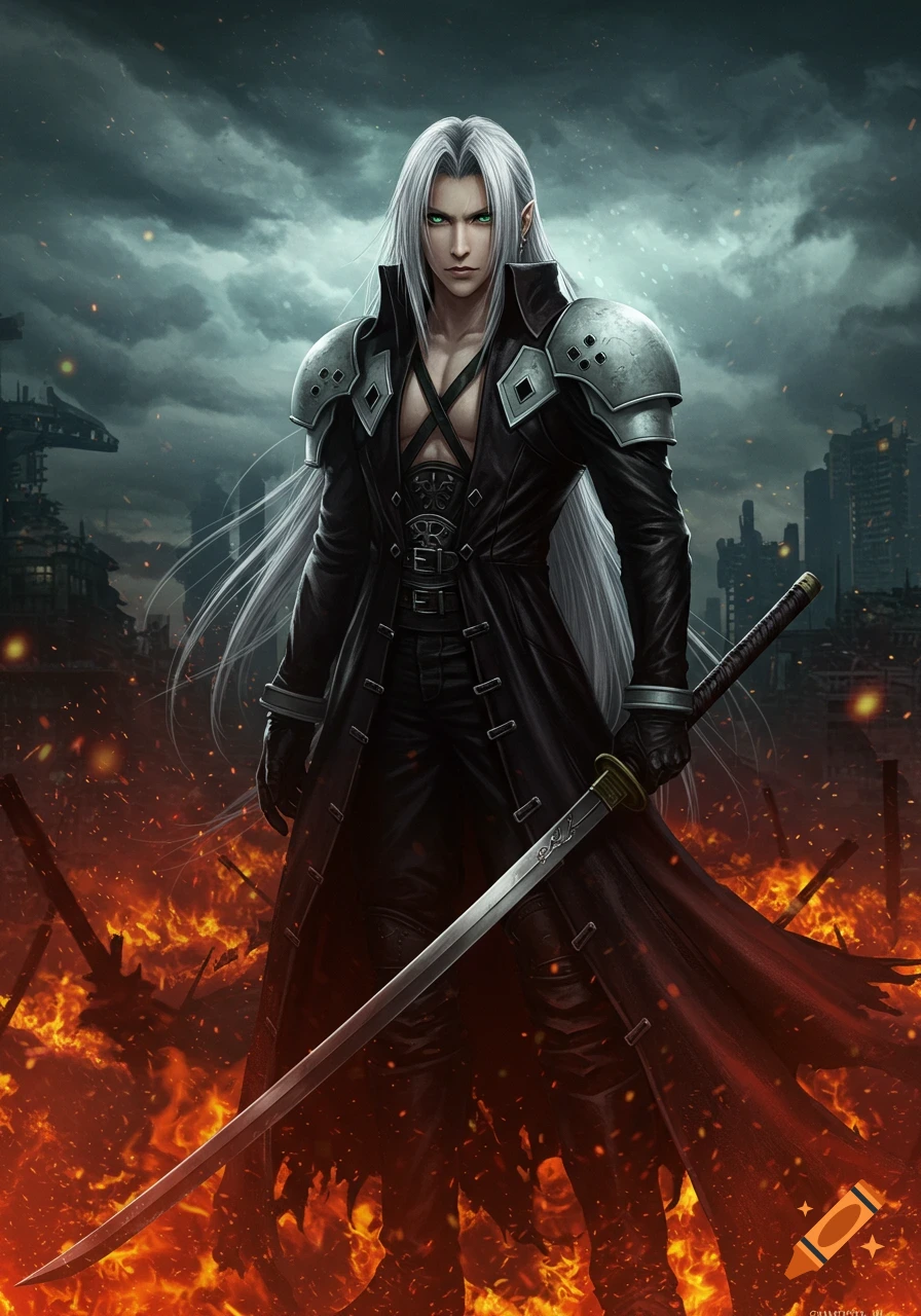 Sephiroth, a long white-haired man in a black coat, stands holding a sword in a fiery, destroyed cityscape.
