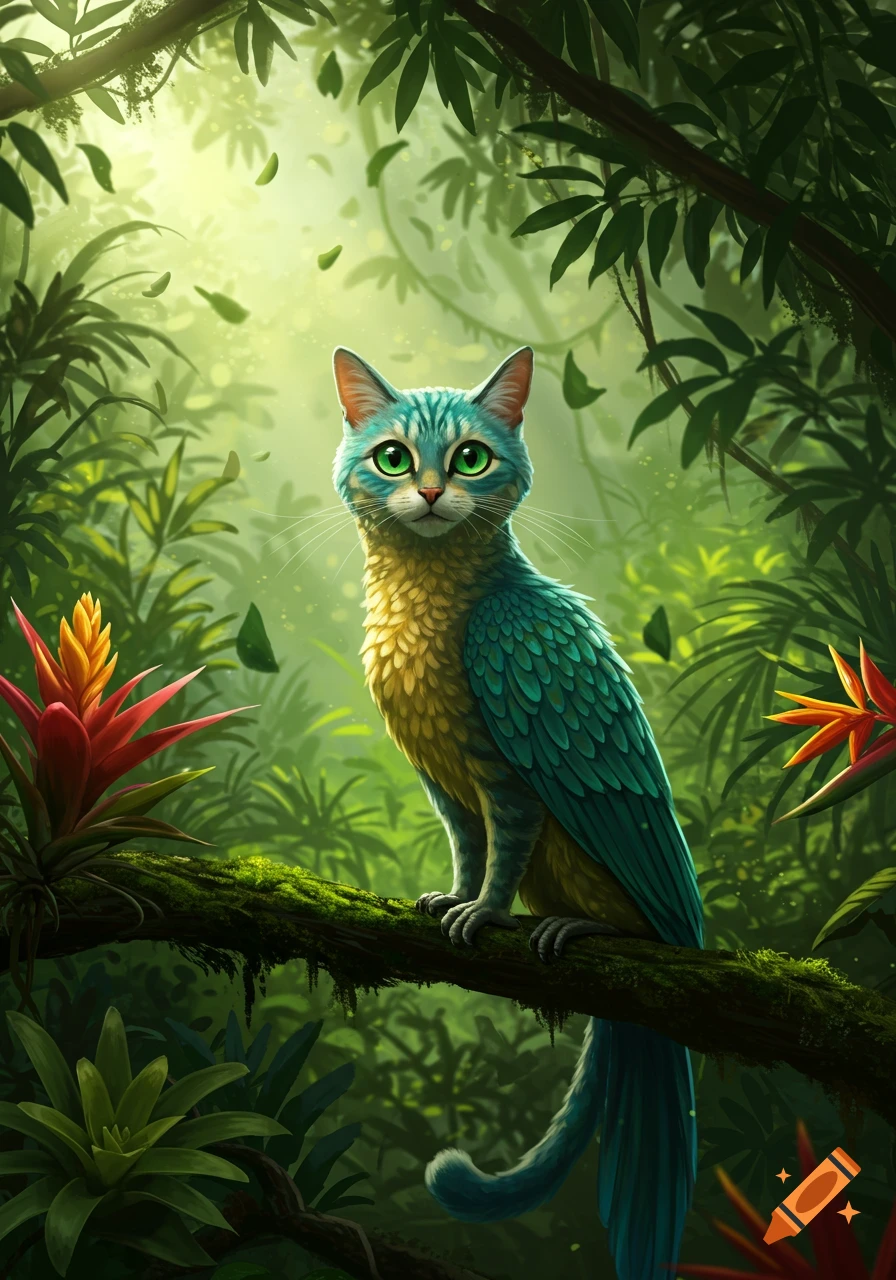 A vibrant green-eyed cat with blue and yellow bird feathers perches on a mossy branch in a lush, sunlit jungle.