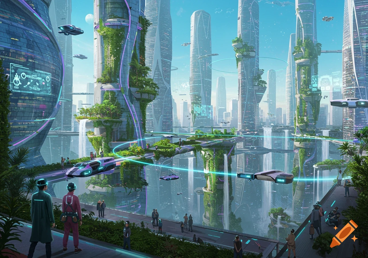 A panoramic view of a vibrant, futuristic cityscape with towering green skyscrapers, flying vehicles, and waterfalls.