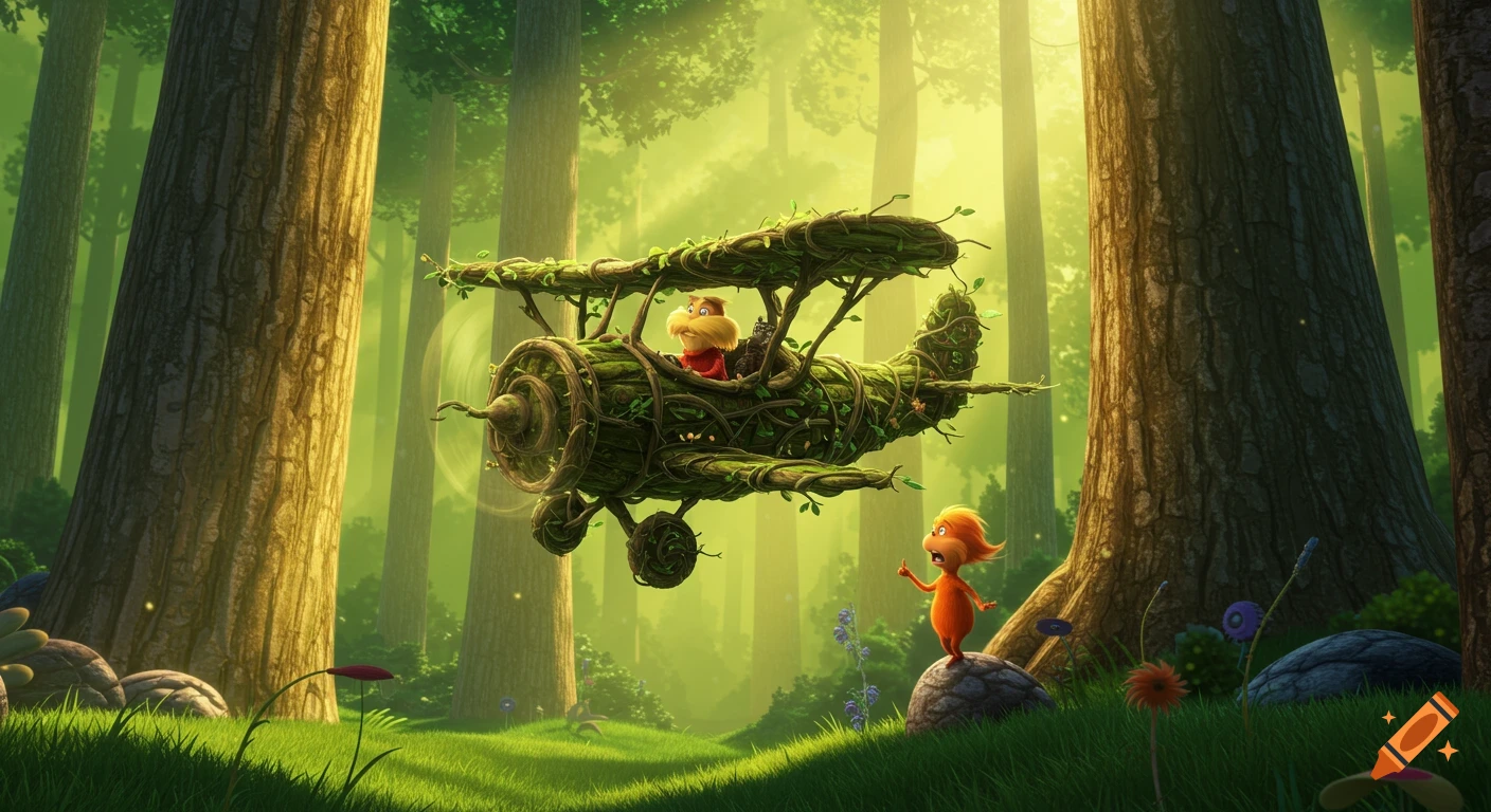 The Once-ler in a vine-covered plane flies through a lush green forest while the Lorax stands below, gesturing up at him.