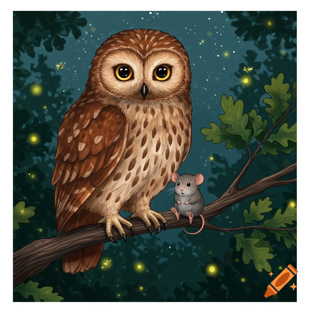 Cartoon illustration of a brown owl and a small gray mouse sitting on a tree branch at night with fireflies.