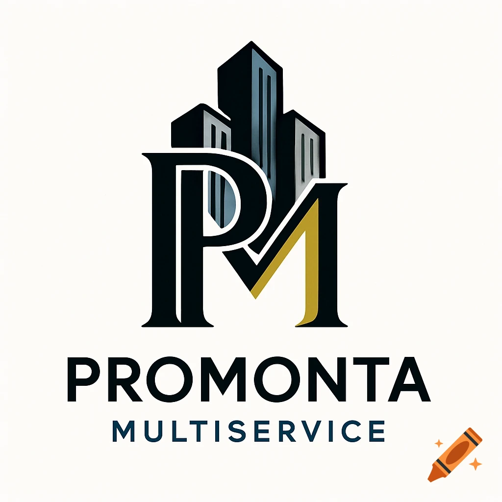 Minimalist logo featuring stylized black and gold 'PM' initials in front of abstract skyscrapers, with 'PROMONTA MULTISERVICE' text below.