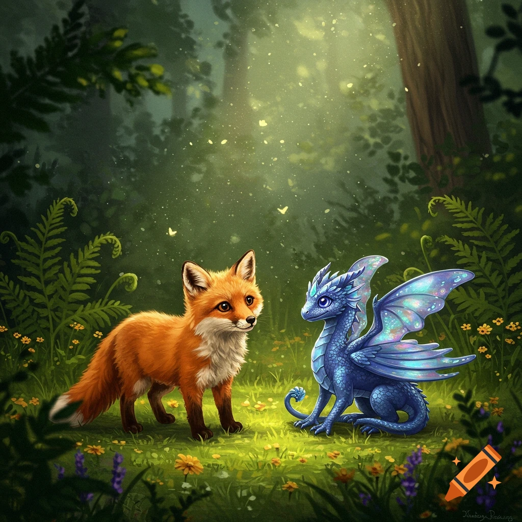 A cute orange fox stands beside a small blue dragon in a magical, glowing forest clearing filled with ferns and flowers.