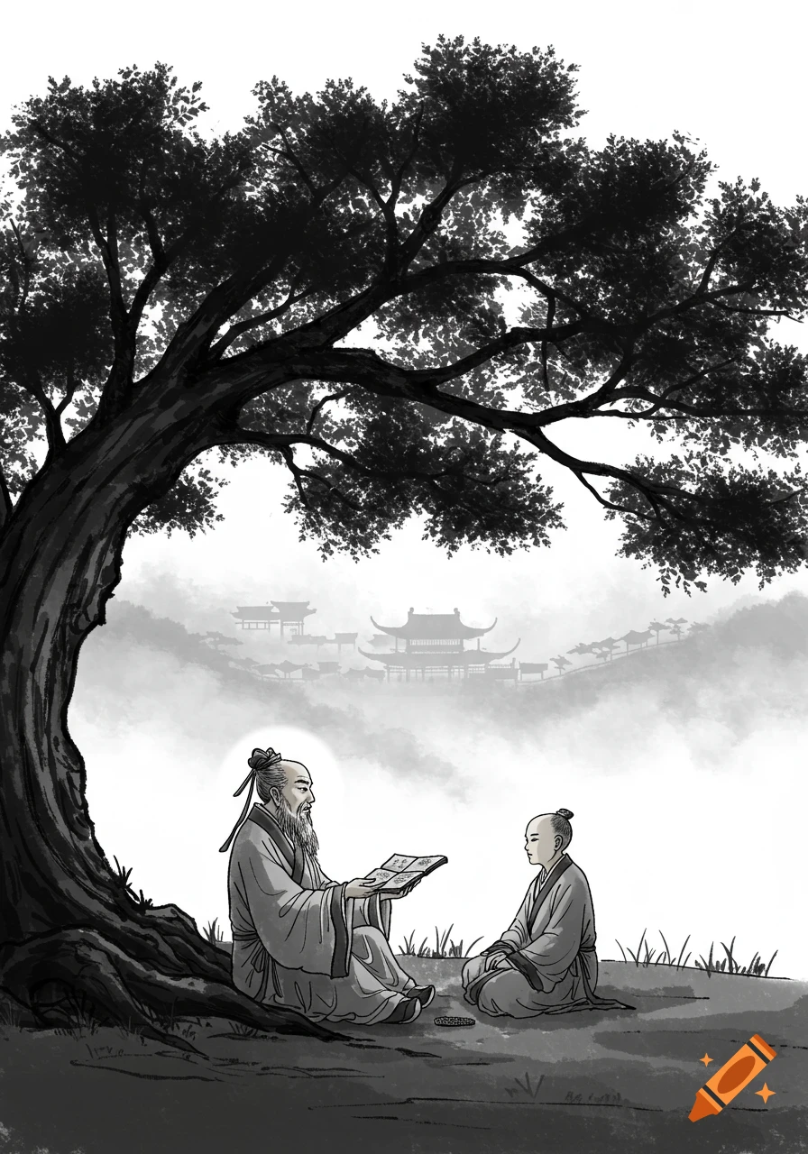An old Confucian scholar reads a bamboo book to a student under a large tree, with an ancient Chinese village in the misty background, in black ink wash style.