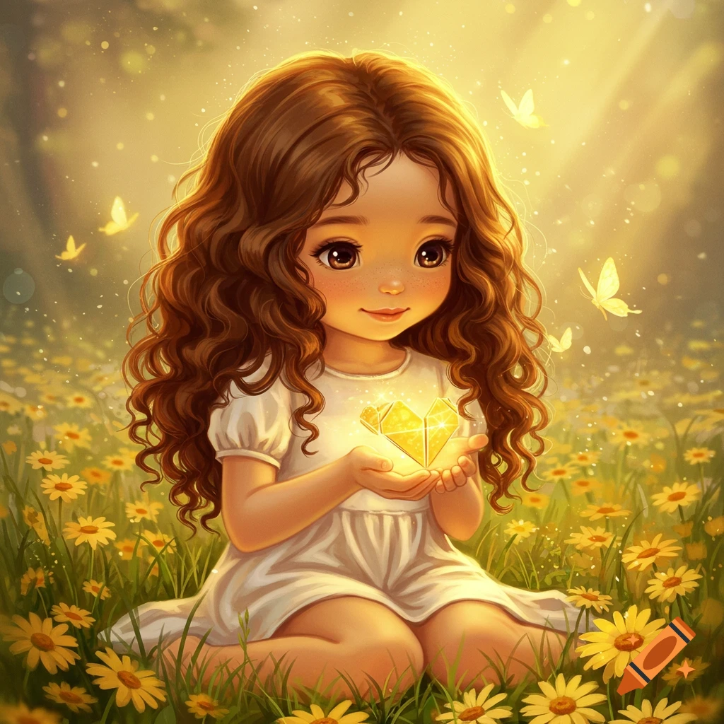 A cute cartoon girl with curly brown hair sits in a field of yellow flowers, holding a glowing golden heart in her hands.