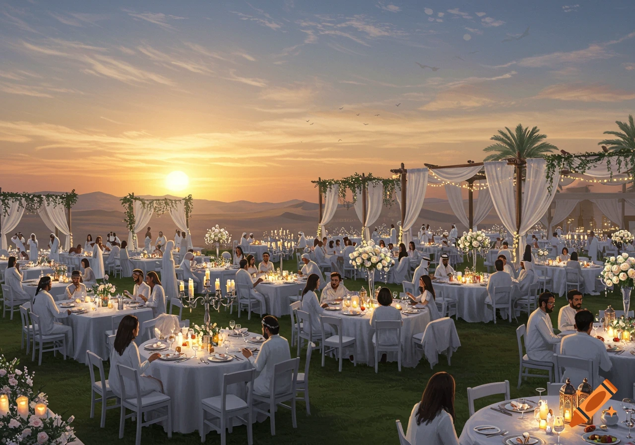 A large outdoor dinner party with many people dressed in white, seated at round tables on a grassy field at sunset in a desert landscape.