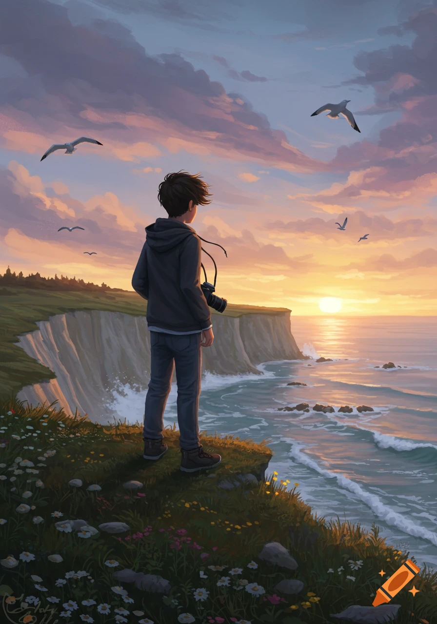 An anime-style teenage boy stands on a grassy cliff overlooking a sunset ocean with gulls flying overhead.