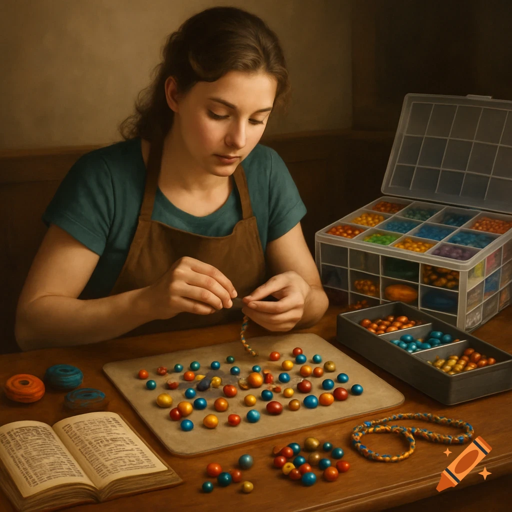 A woman in a teal shirt and brown apron makes a bracelet at a wooden table with colorful beads, an organizer, and an open book, in a photorealistic style.