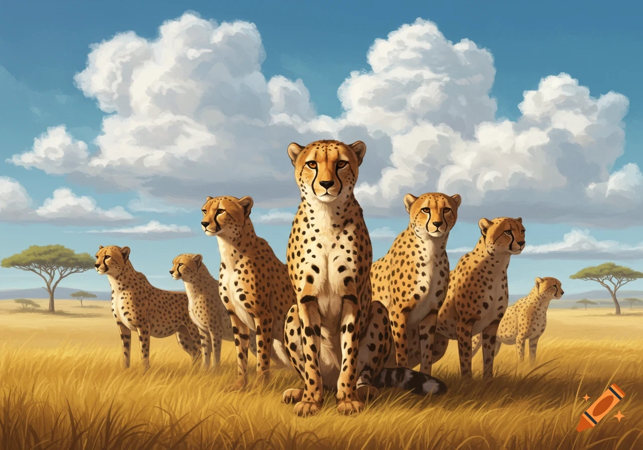A group of seven cheetahs, with one in the foreground, in a golden savanna under a blue sky with white clouds.