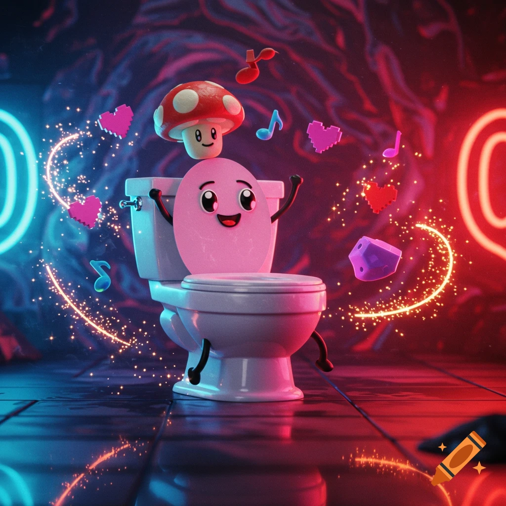 A happy pink cartoon toilet with a mushroom on its head, surrounded by floating hearts, musical notes, and sparkling trails in a neon-lit room.