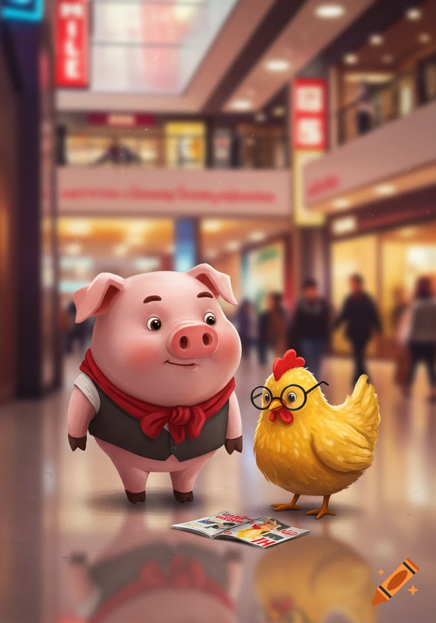 Cute cartoon pig and a yellow chicken with glasses look at a magazine on the floor of a blurry mall.