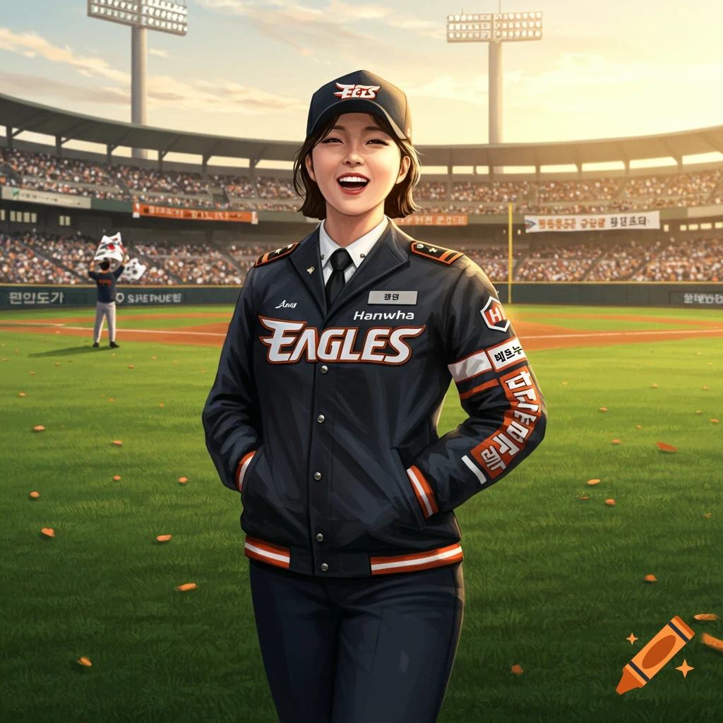 A smiling woman in a dark blue baseball uniform stands on a baseball field with a stadium full of spectators in the background.