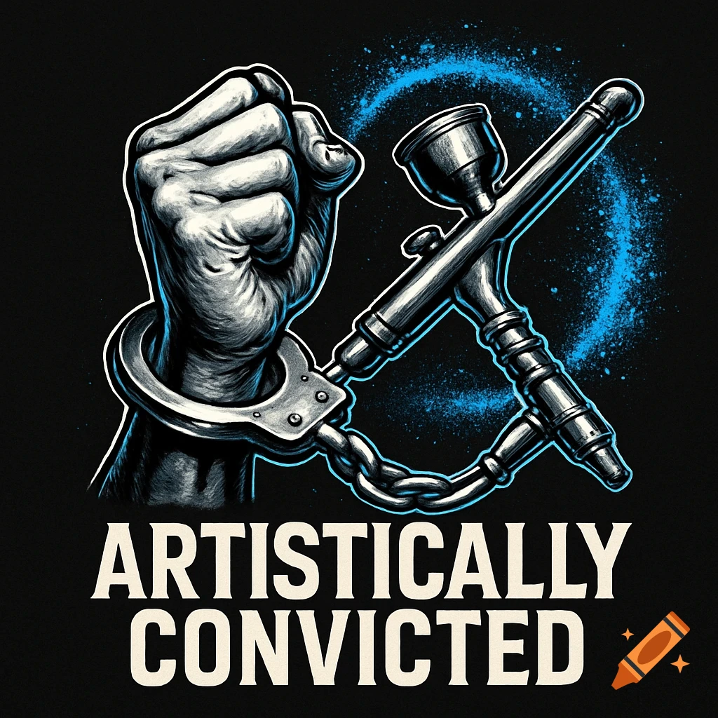 A bold graphic logo featuring a handcuffed fist chained to an airbrush, with blue paint splatters and the text 'ARTISTICALLY CONVICTED' below.