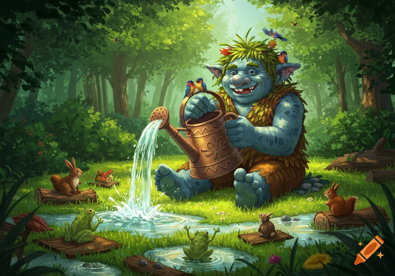 A happy, blue, cartoon troll with leafy hair waters a puddle in a sunny forest, surrounded by playful animals.