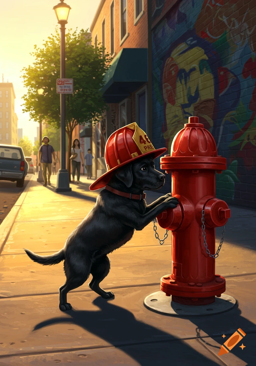 A black Labrador wearing a red firefighter's helmet stands on its hind legs, paws on a red fire hydrant on a city street at sunset, with people and buildings in the background.