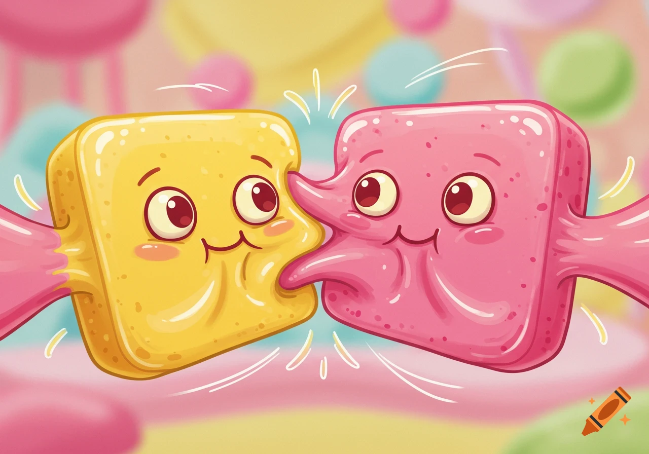 Two cute cartoon yellow and pink squares squeezed together, bulging like rubber blocks.