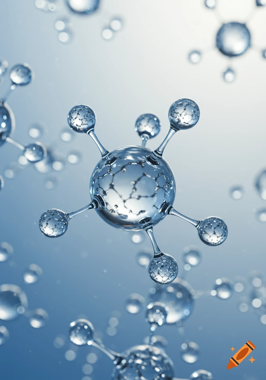A photorealistic render of a complex transparent molecule with six smaller molecules attached, against a blurry blue background.