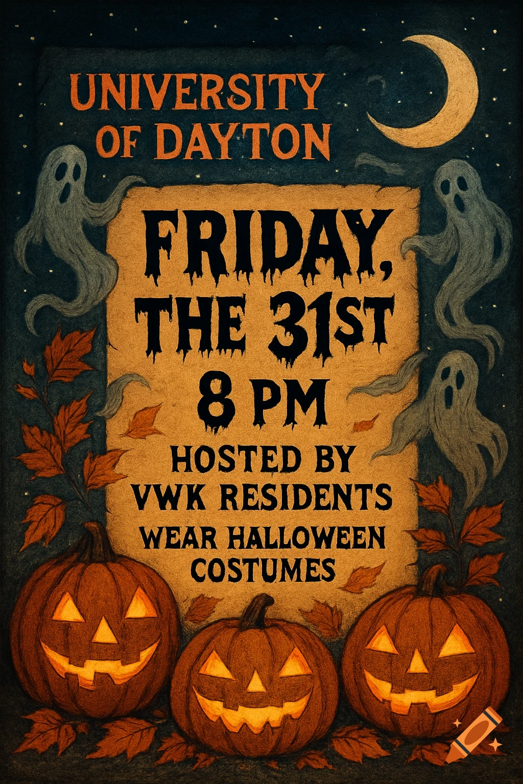 A spooky vintage Halloween invitation poster for University of Dayton, featuring carved pumpkins, ghosts, autumn leaves, and a crescent moon.