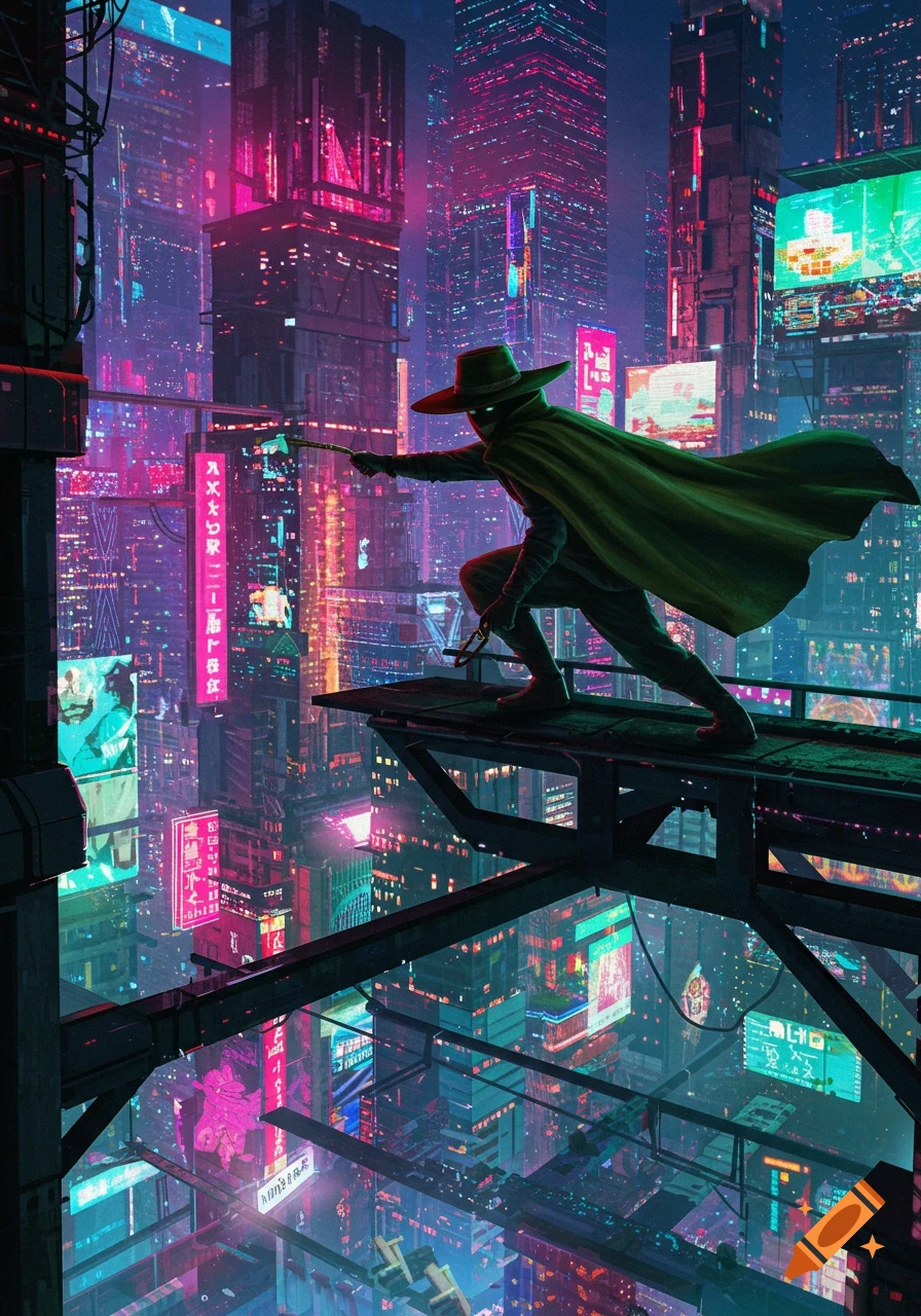 A cloaked, hat-wearing figure crouches on a platform overlooking a vibrant, neon-lit cyberpunk city.