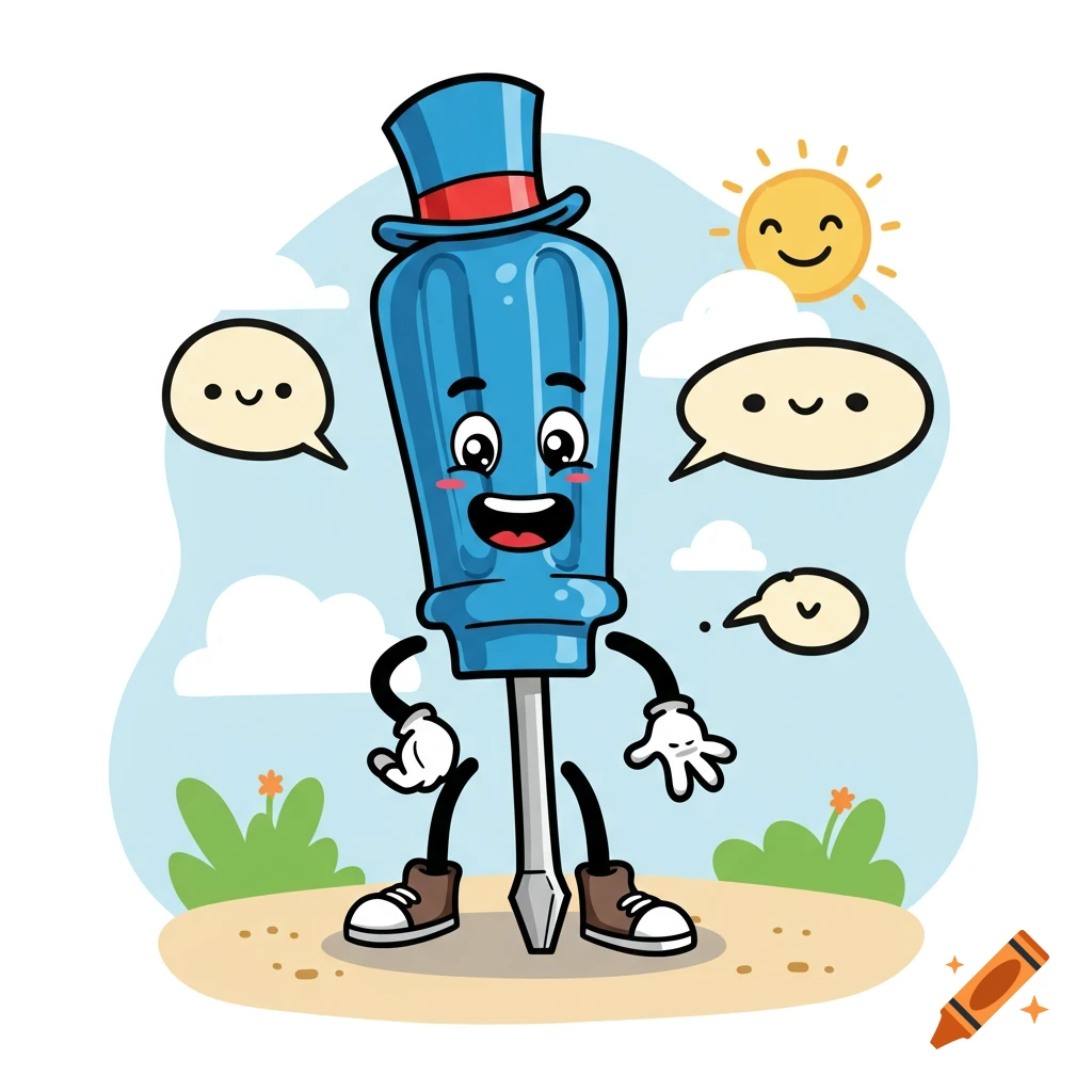 A happy cartoon screwdriver character wearing a blue top hat and shoes, standing outdoors with speech bubbles and a smiling sun.
