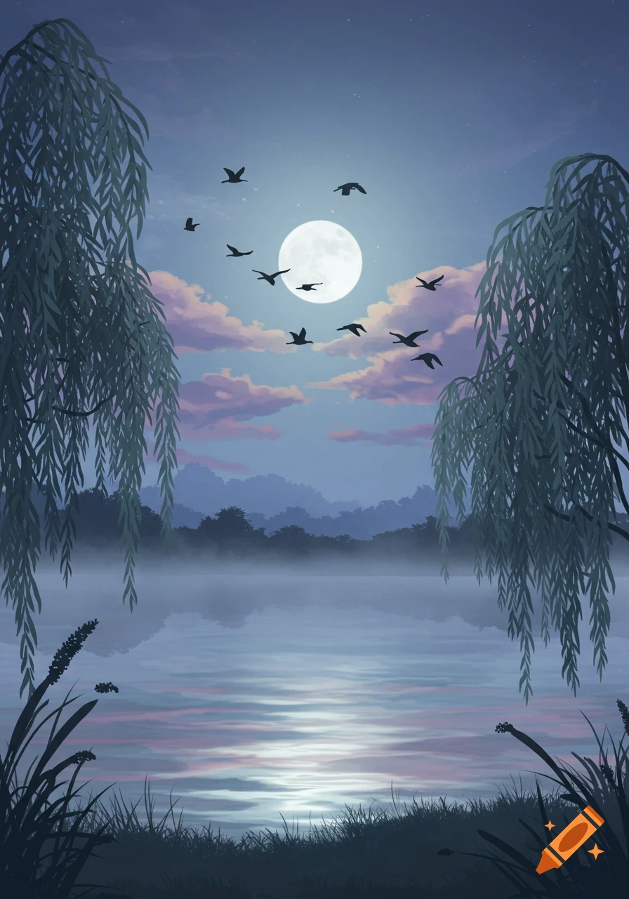 A serene 2D art night landscape with a full moon over a misty lake, silhouetted trees, and birds flying in the sky.