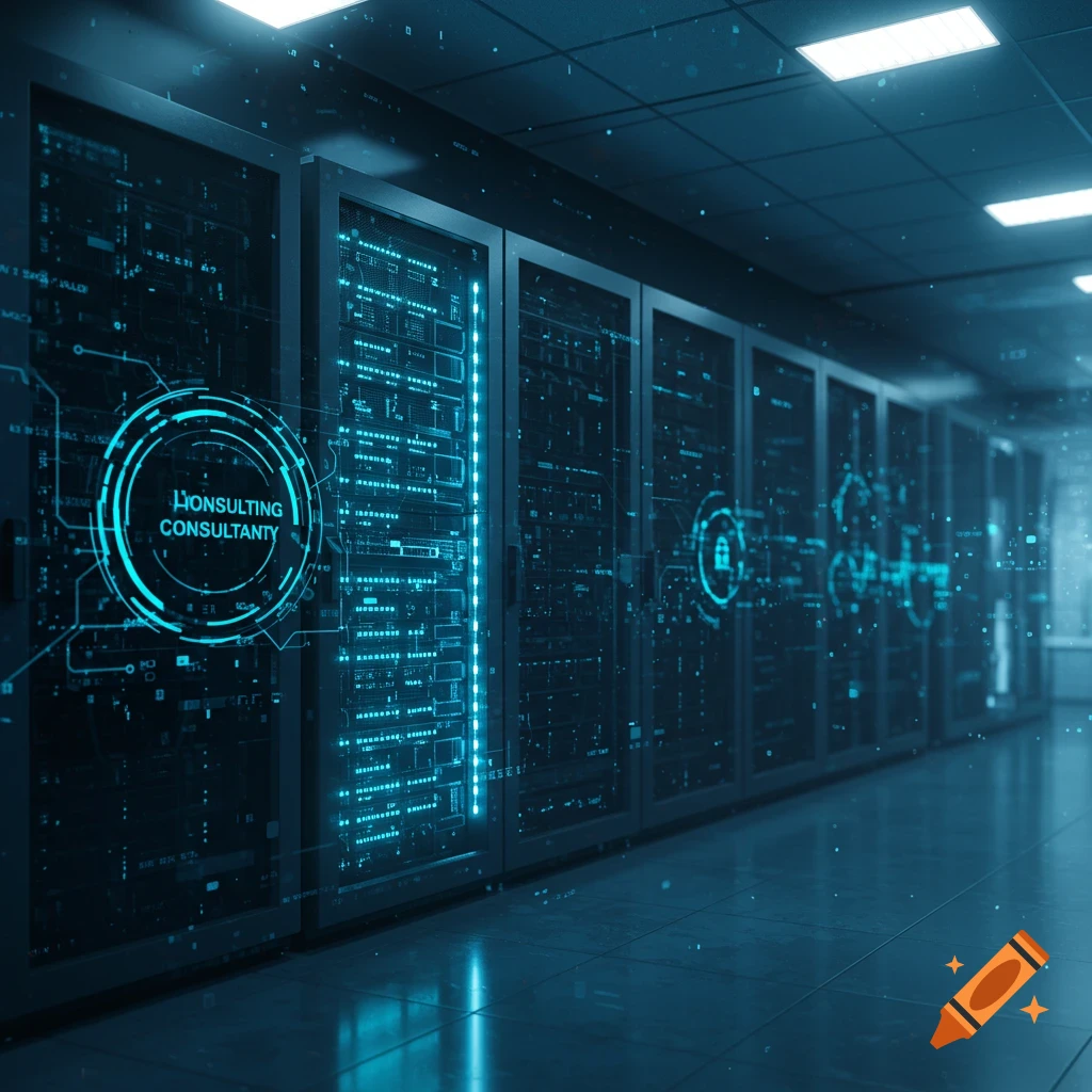 A futuristic data center with rows of server racks, glowing blue digital circuits, and text that reads 'CONSULTING CONSULTANTY'.