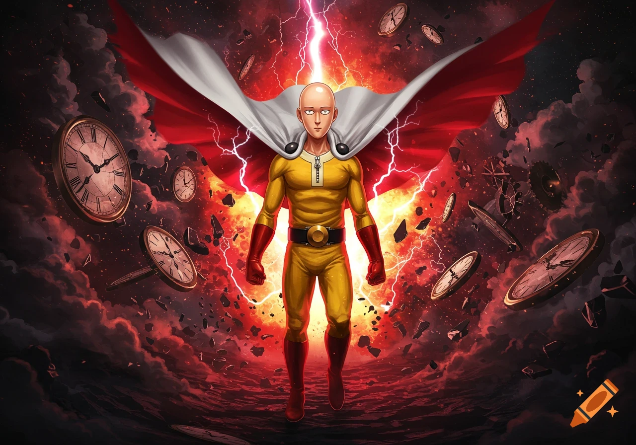 Saitama, the bald superhero from One-Punch Man, stands majestically with a red and white cape against a backdrop of shattered clocks and lightning.