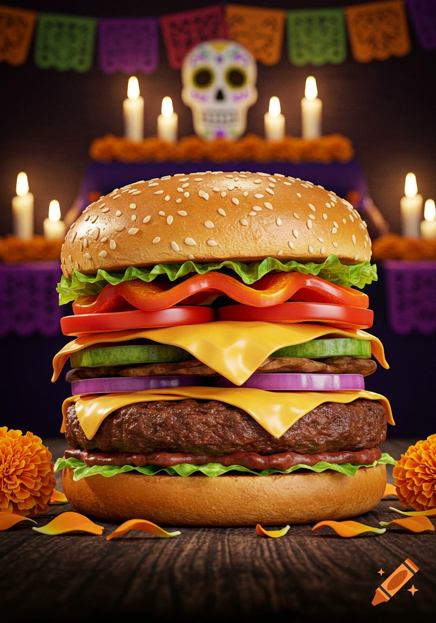 A tall, appetizing burger with cheese, lettuce, tomato, and two patties, set against a blurred Dia de los Muertos altar with a sugar skull, candles, and marigolds.