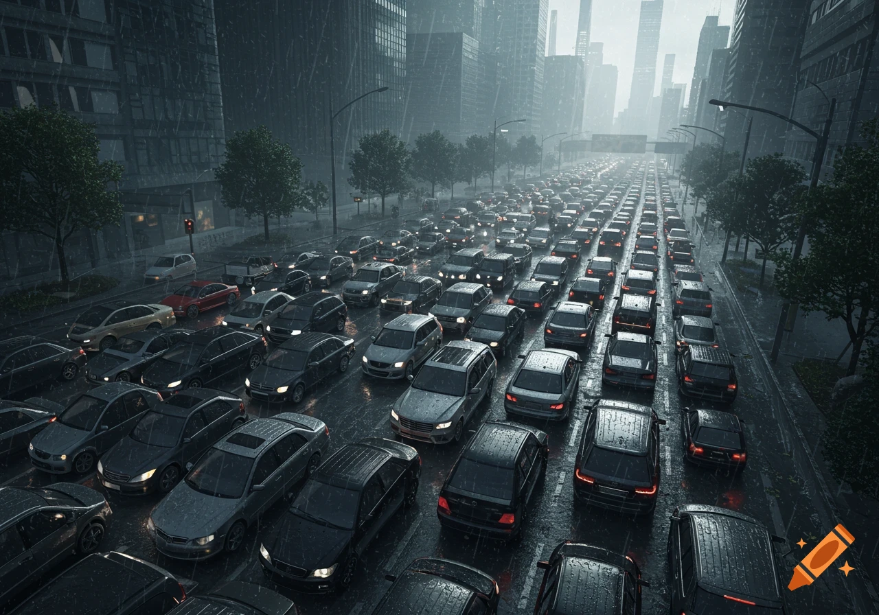 A realistic, high-angle view of a severe traffic jam on a multi-lane highway in a grey, rainy city with skyscrapers.