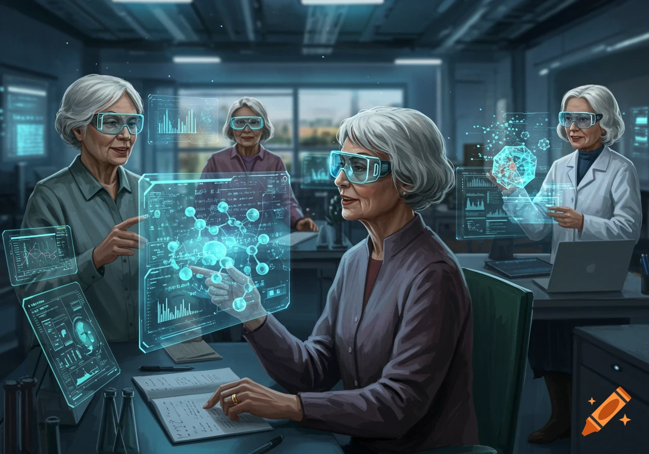 Four older women in a futuristic lab, wearing smart glasses and interacting with glowing holographic screens displaying data and molecular structures. Photorealistic style.