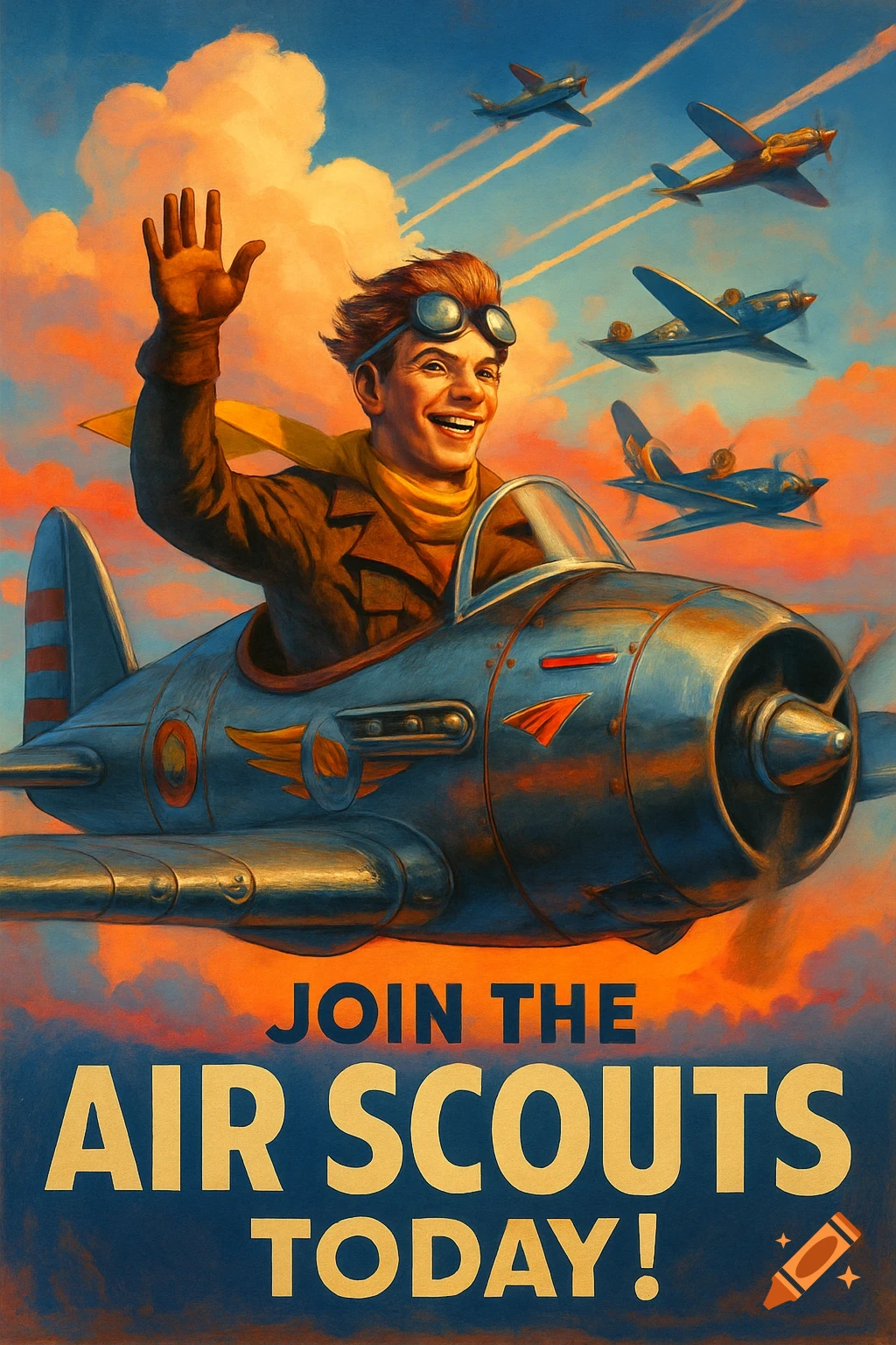 Vintage poster of a smiling boy waving from an airplane, with other planes in a sunset sky. Text: 'JOIN THE AIR SCOUTS TODAY!'