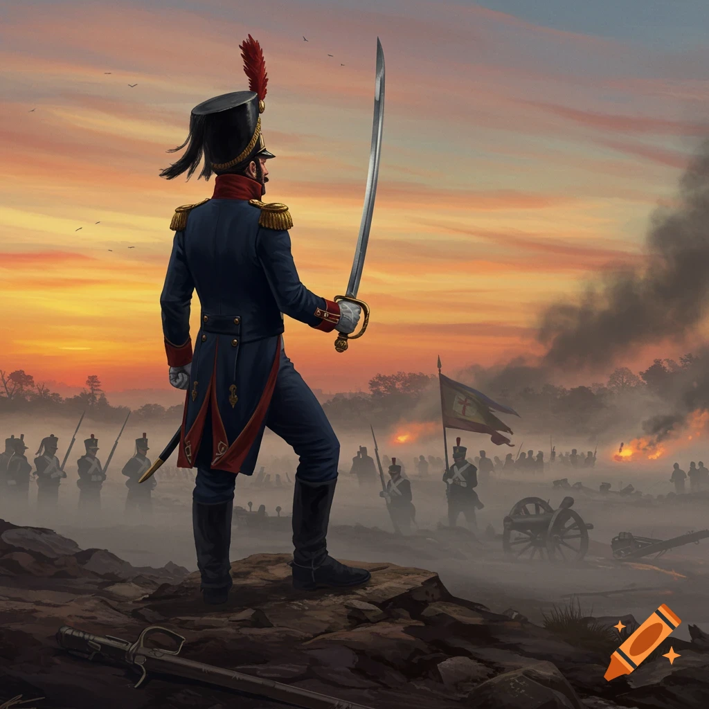A Napoleonic soldier in uniform stands on a rocky outcrop, holding a sword and looking over a smoky battlefield at sunset.