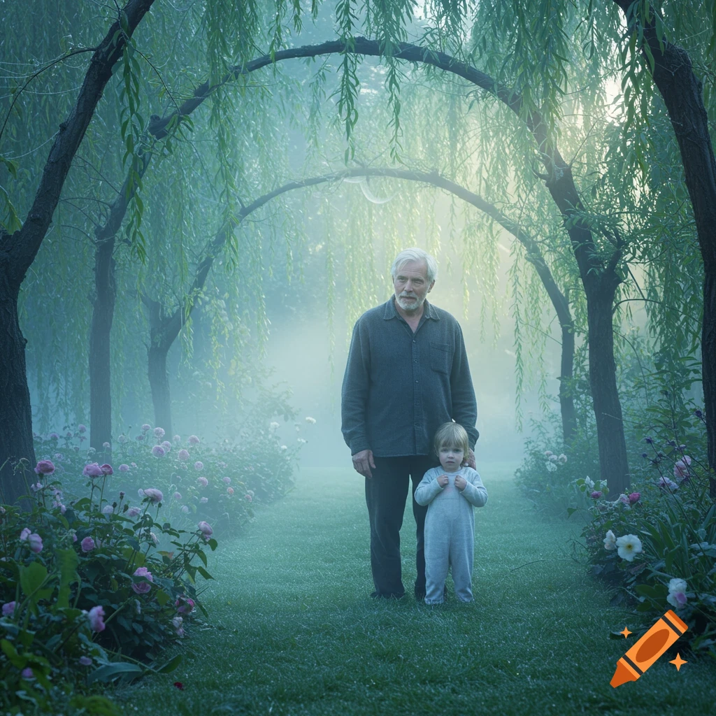 An older man and a young child stand in a misty, ethereal garden with weeping willow trees and pink roses.
