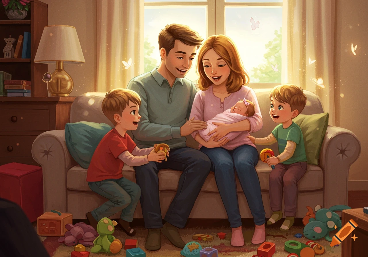 An illustration of a happy family with two boys and a newborn baby girl sitting on a couch in a sunlit living room with toys.