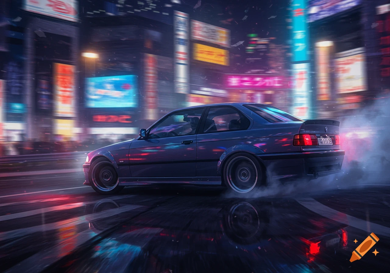 A blue BMW car drifts on a wet city street at night, with neon signs and blurred city lights in the background.
