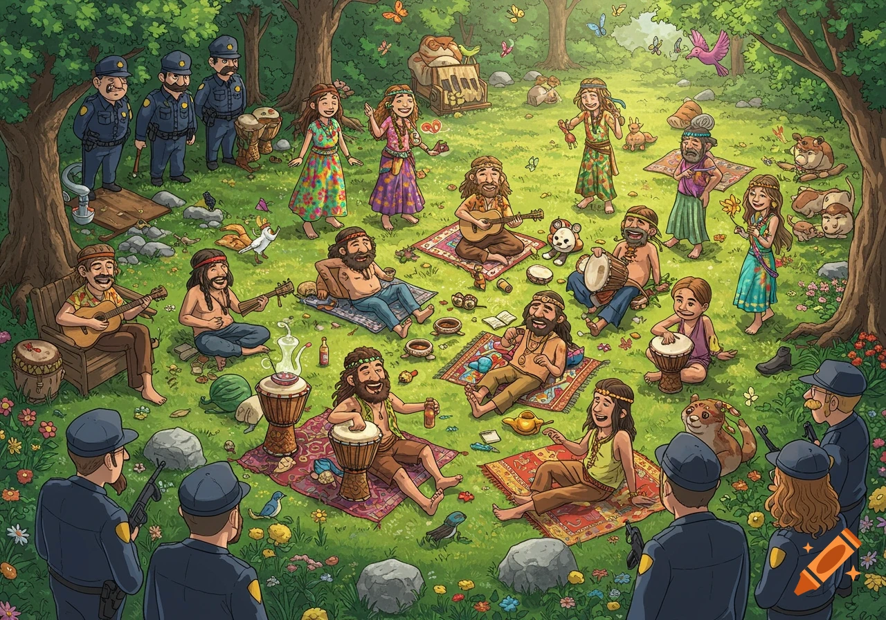 A vibrant cartoon illustration of hippies playing music and relaxing on rugs in a sunny clearing, surrounded by trees and flowers, as police officers observe them from the edges.