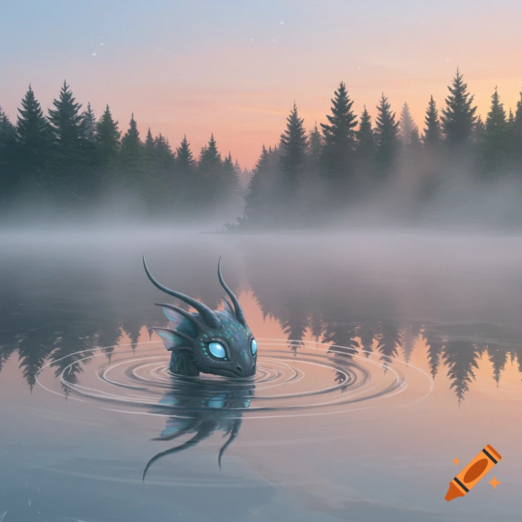 A small, dark dragon-like creature with glowing blue eyes emerges from a misty lake at sunrise. Forest in background.