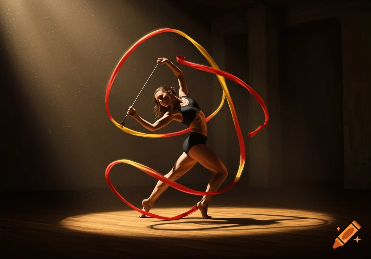 A woman gymnast performs rhythmic gymnastics with a red and yellow ribbon under a spotlight in a dark room.