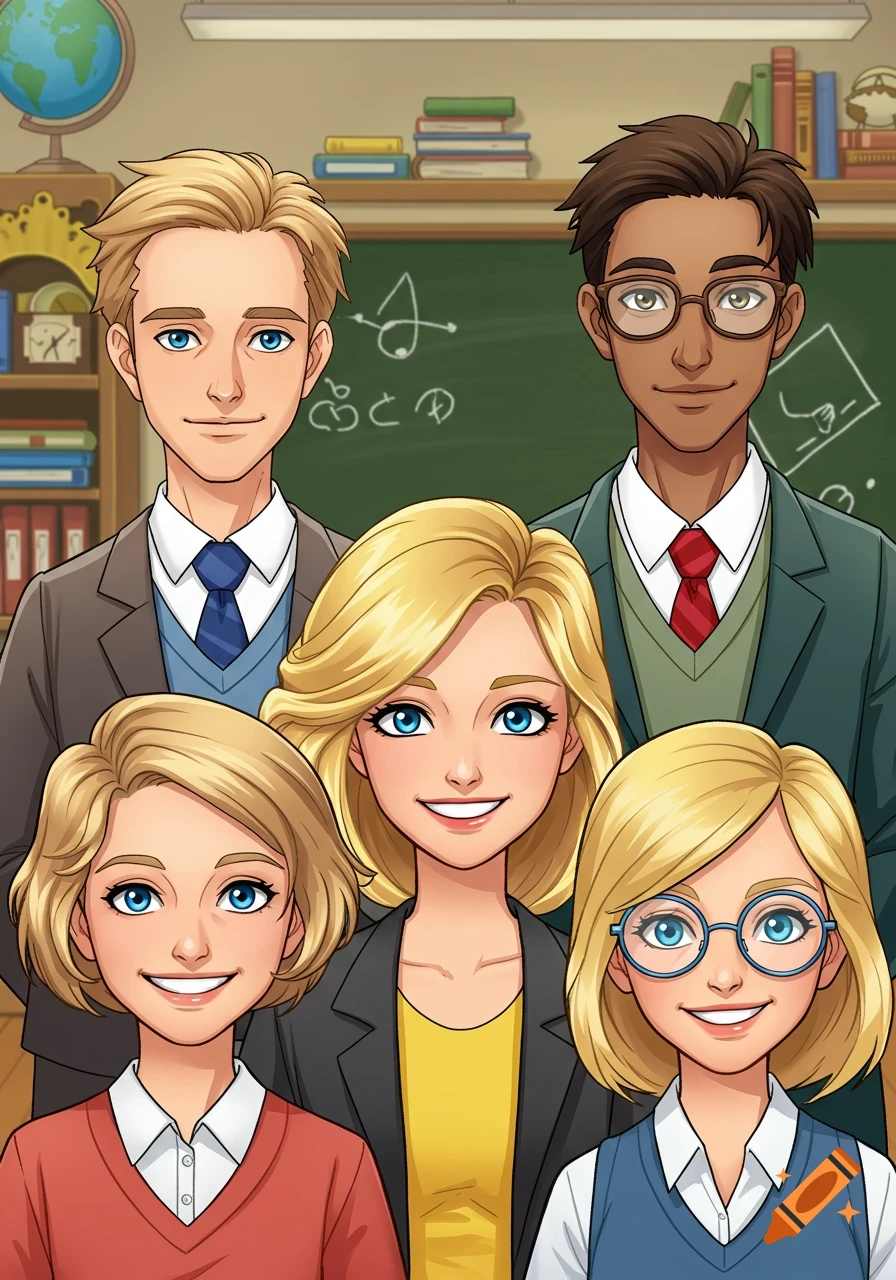 Cartoon-style group portrait of two male and three female teachers in a classroom with a blackboard and globe.