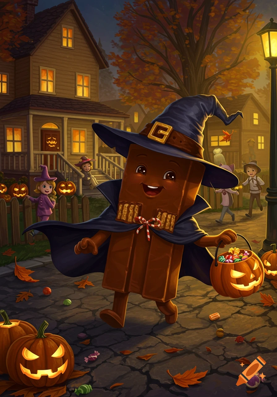 A happy cartoon chocolate bar character dressed as a witch, holding a pumpkin candy bucket, walks down a Halloween-decorated street at night.