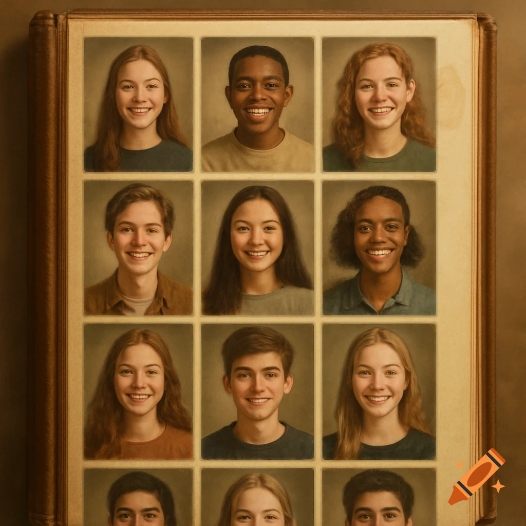 A grid of twelve photorealistic portraits of smiling diverse young people arranged on a page, resembling a yearbook.
