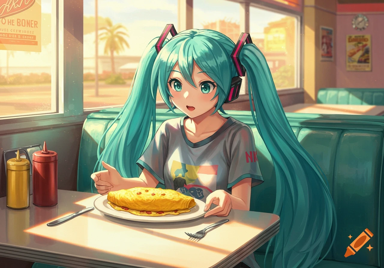 An anime girl with long turquoise pigtails, Hatsune Miku, sits at a diner booth eating an omelette.