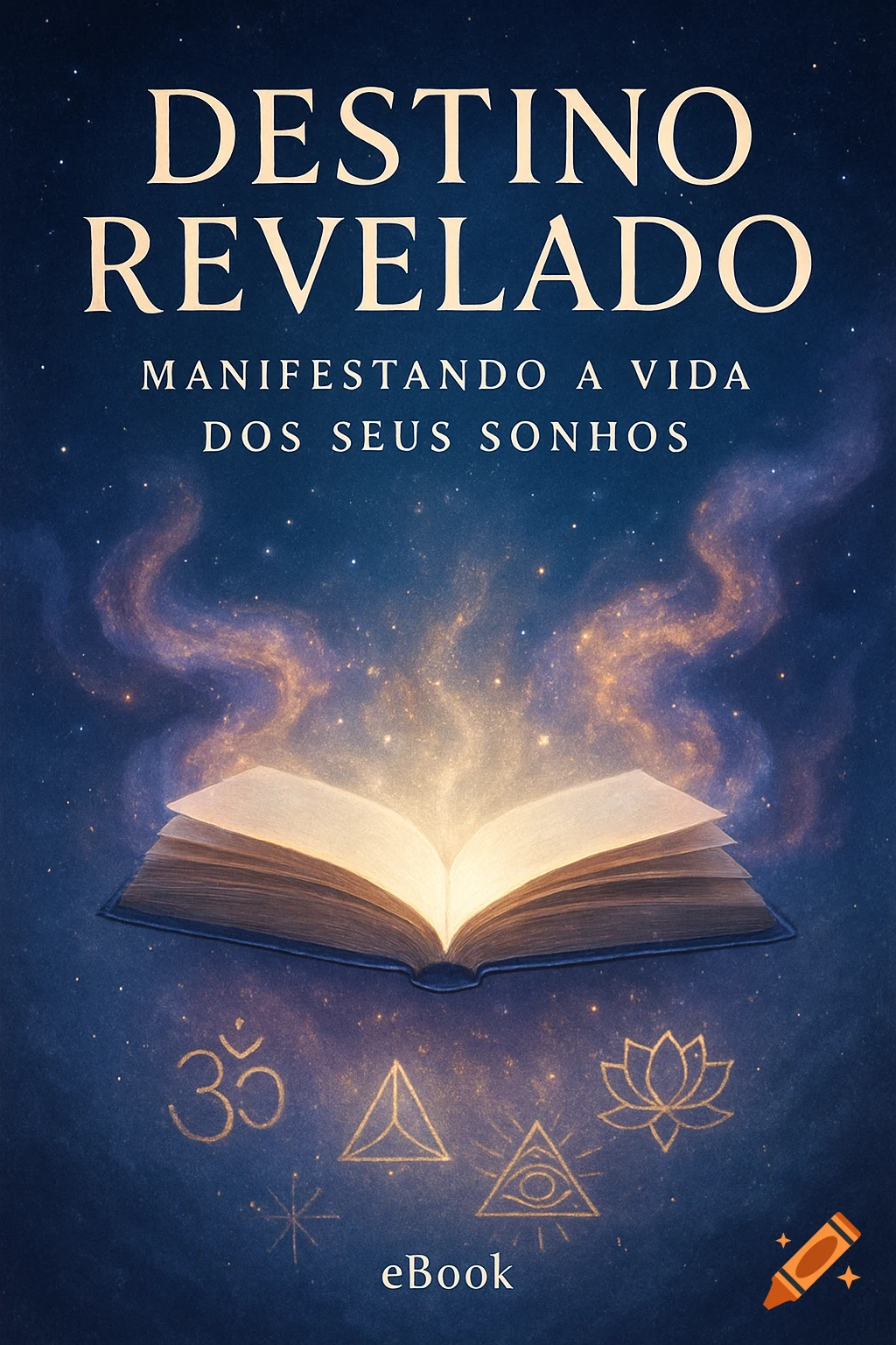 A glowing open book with spiritual symbols on a starry blue background, titled "Destino Revelado".