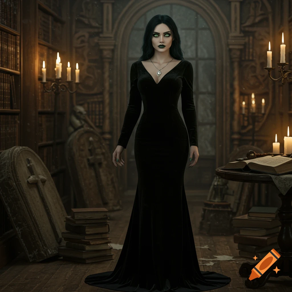 A witch with black hair and striking green eyes, wearing a black velvet gown, stands in a gothic library filled with old books, candles, and coffins.